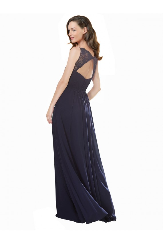 Azul marina oscuro línea A Cuello en V Gasa Encaje Largo Vestidos de dama de honor Outlet