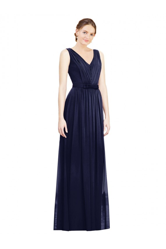 Azul marina oscuro línea A Cuello en V Gasa Largo Vestidos de dama de honor Outlet