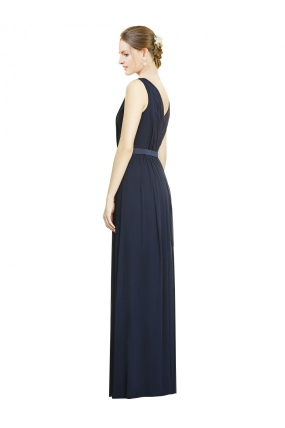 Azul marina oscuro línea A Cuello en V Gasa Largo Vestidos de dama de honor Outlet
