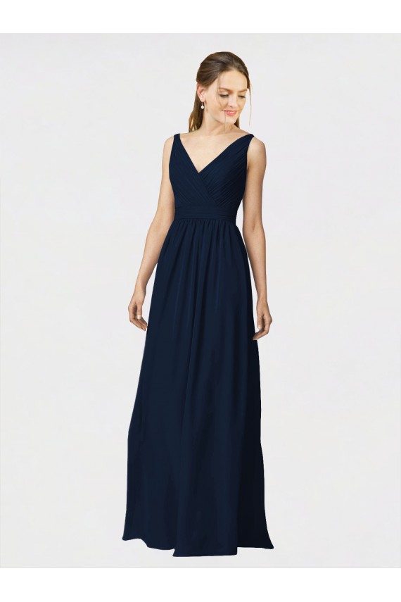 Azul marina oscuro línea A Cuello en V Gasa Largo Vestidos de dama de honor Outlet