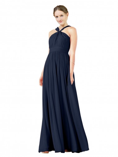 Azul marina oscuro línea A Cuello en V Gasa Largo Vestidos de dama de honor Outlet