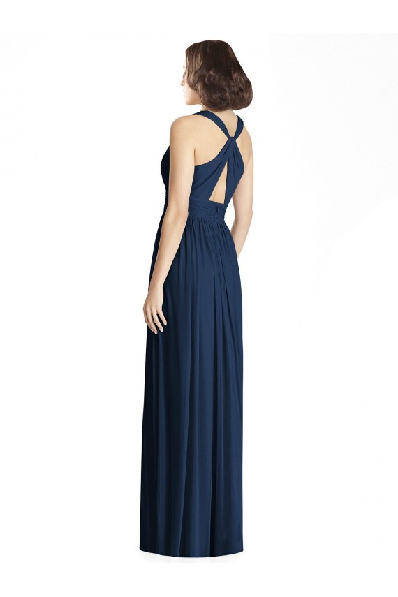 Azul marina oscuro línea A Cuello en V Gasa Largo Vestidos de dama de honor Outlet