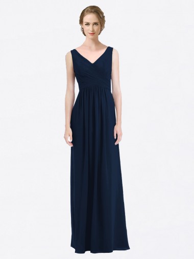 Azul marina oscuro línea A Cuello en V Gasa Largo Vestidos de dama de honor Outlet