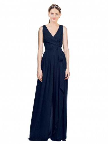 Azul marina oscuro línea A Cuello en V Gasa Largo Vestidos de dama de honor Outlet
