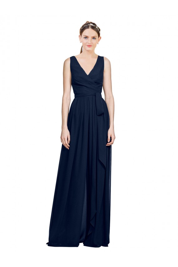 Azul marina oscuro línea A Cuello en V Gasa Largo Vestidos de dama de honor Outlet
