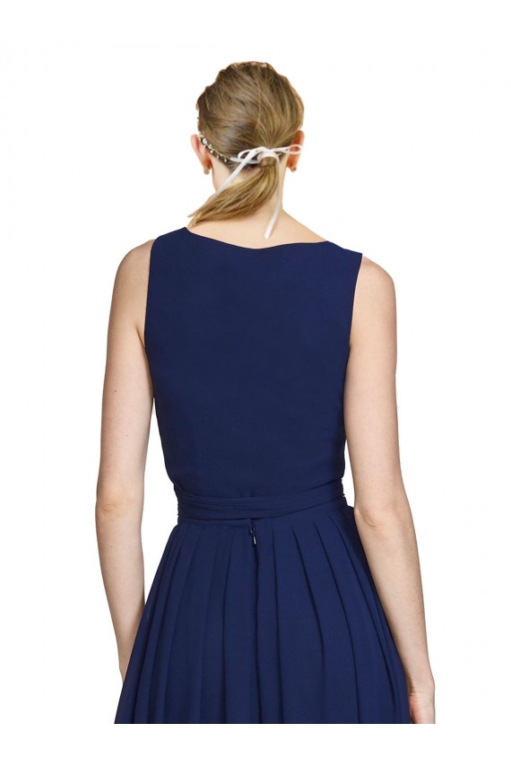 Azul marina oscuro línea A Cuello en V Gasa Largo Vestidos de dama de honor Outlet