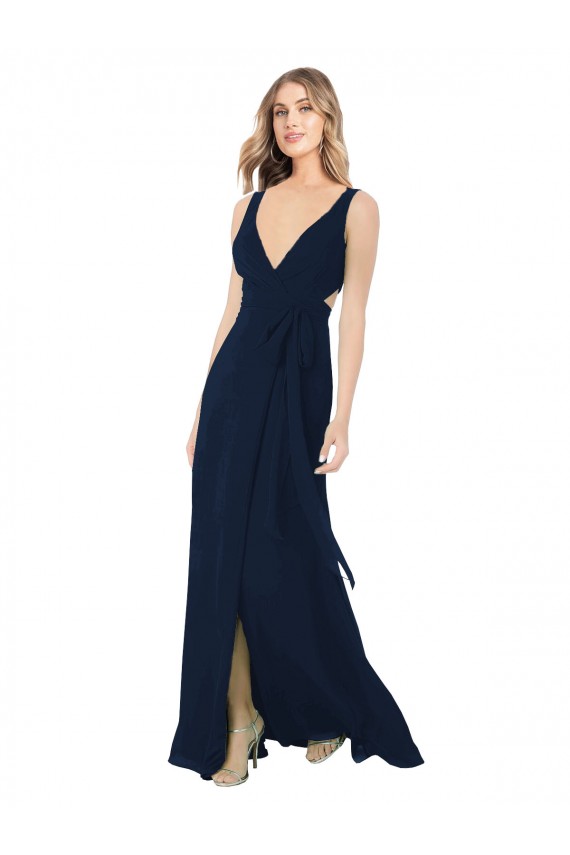 Azul marina oscuro línea A Cuello en V Gasa Largo Vestidos de dama de honor Outlet