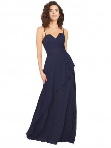 Azul marina oscuro línea A Cuello en V Gasa Largo Vestidos de dama de honor Outlet