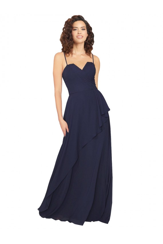 Azul marina oscuro línea A Cuello en V Gasa Largo Vestidos de dama de honor Outlet
