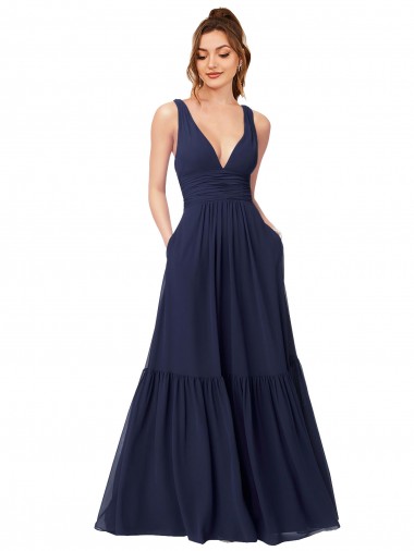 Azul marina oscuro línea A Cuello en V Gasa Largo Vestidos de dama de honor Outlet