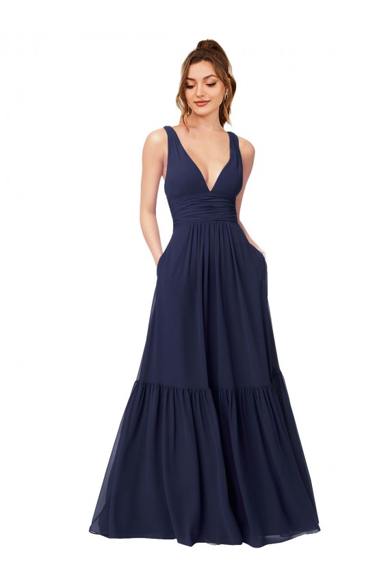 Azul marina oscuro línea A Cuello en V Gasa Largo Vestidos de dama de honor Outlet
