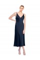 Azul marina oscuro línea A Cuello en V Midi Satén elástico Corto Formales Vestidos de dama de honor / Vestidos de fiesta / Vestidos de cóctel Outlet