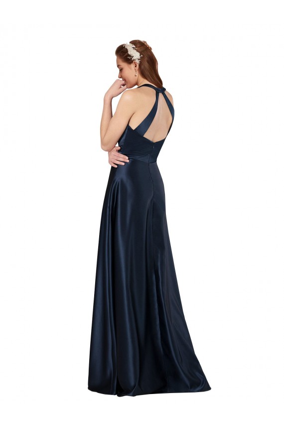 Azul marina oscuro línea A Cuello en V Satén Largo Formales Vestidos de dama de honor / Vestidos de fiesta Outlet