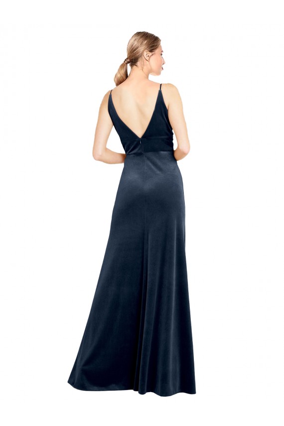 Azul marina oscuro línea A Cuello en V Terciopelo Elástico Largo Vestidos de dama de honor / Vestidos de fiesta Outlet