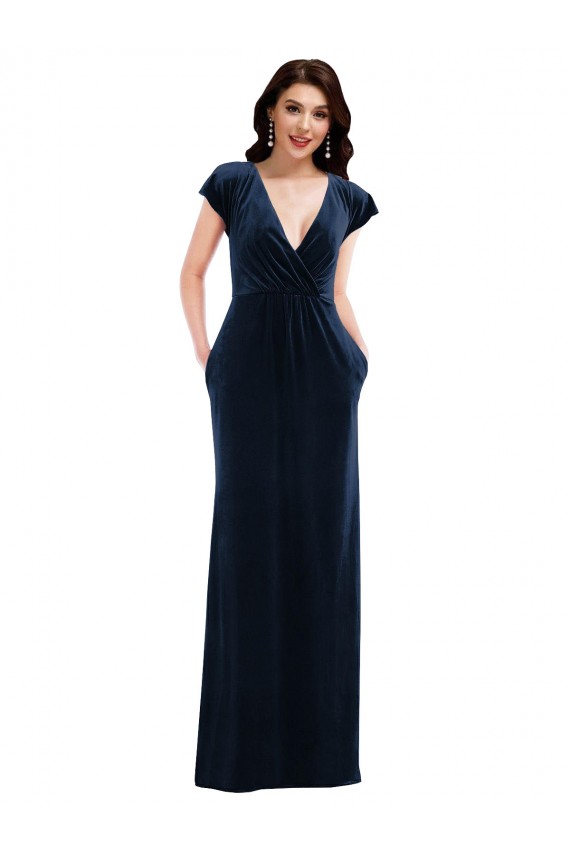 Azul marina oscuro línea A Cuello en V Terciopelo Elástico Largo Formales Vestidos de dama de honor / Vestidos de fiesta Outlet