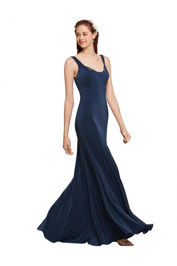 Azul marina oscuro línea A Cuello redondo Crepé Elástico Largo Formales Vestidos de dama de honor / Vestidos de fiesta Outlet