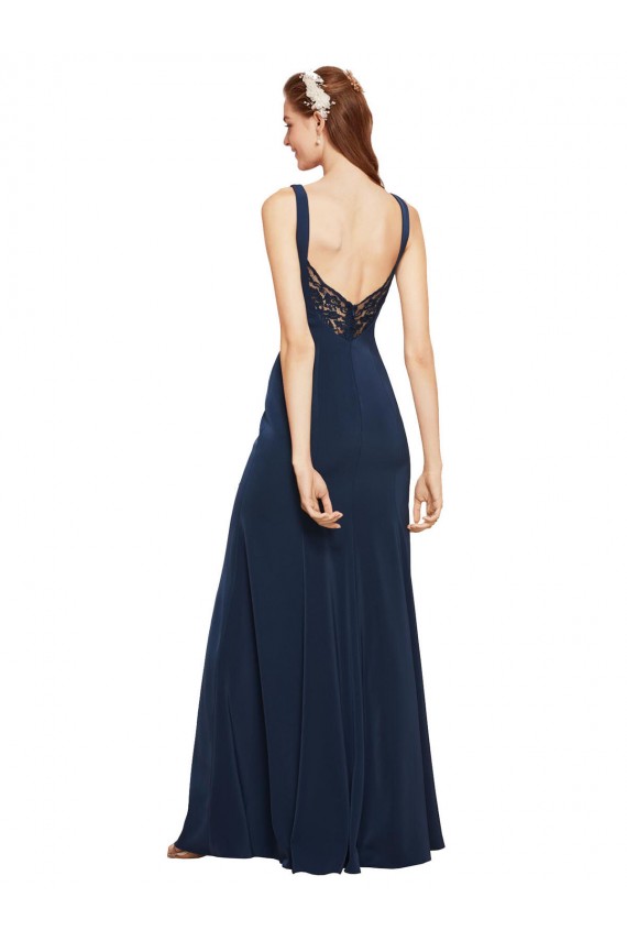 Azul marina oscuro línea A Cuello redondo Crepé Elástico Largo Formales Vestidos de dama de honor / Vestidos de fiesta Outlet