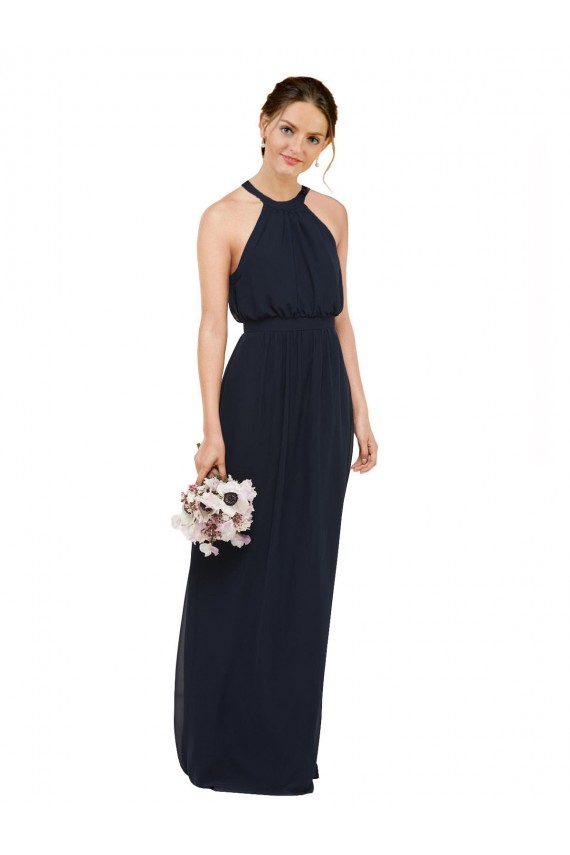 Azul marina oscuro línea A Halter Cuello Alto Gasa Largo Vestidos de dama de honor Outlet