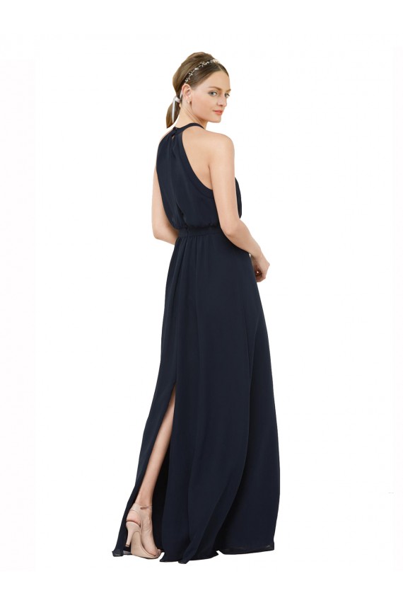 Azul marina oscuro línea A Halter Cuello Alto Gasa Largo Vestidos de dama de honor Outlet