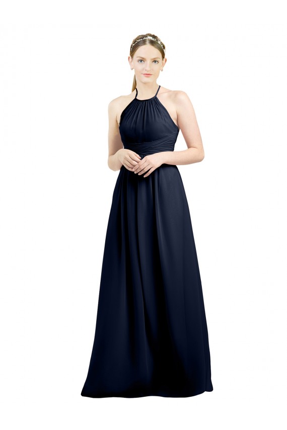Azul marina oscuro línea A Halter Cuello Alto Gasa Largo Vestidos de dama de honor Outlet