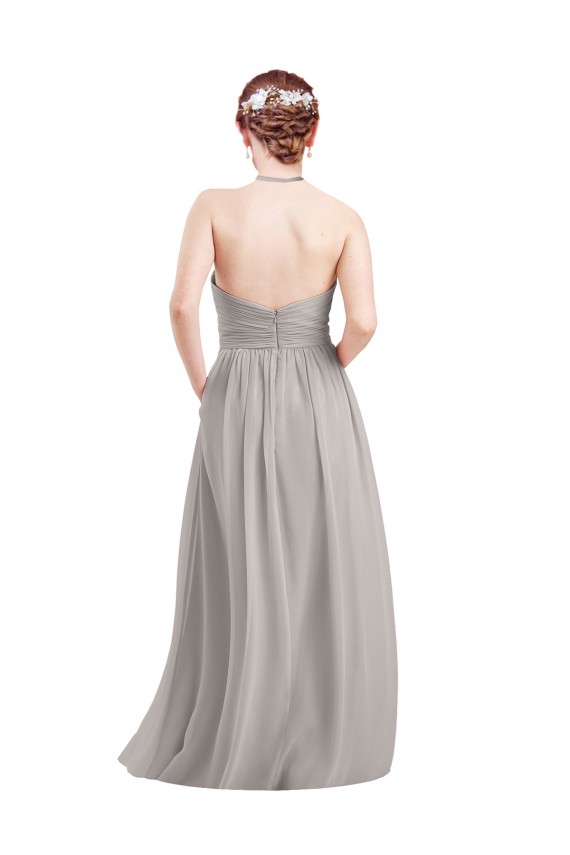 Azul marina oscuro línea A Halter Cuello Alto Gasa Largo Vestidos de dama de honor Outlet