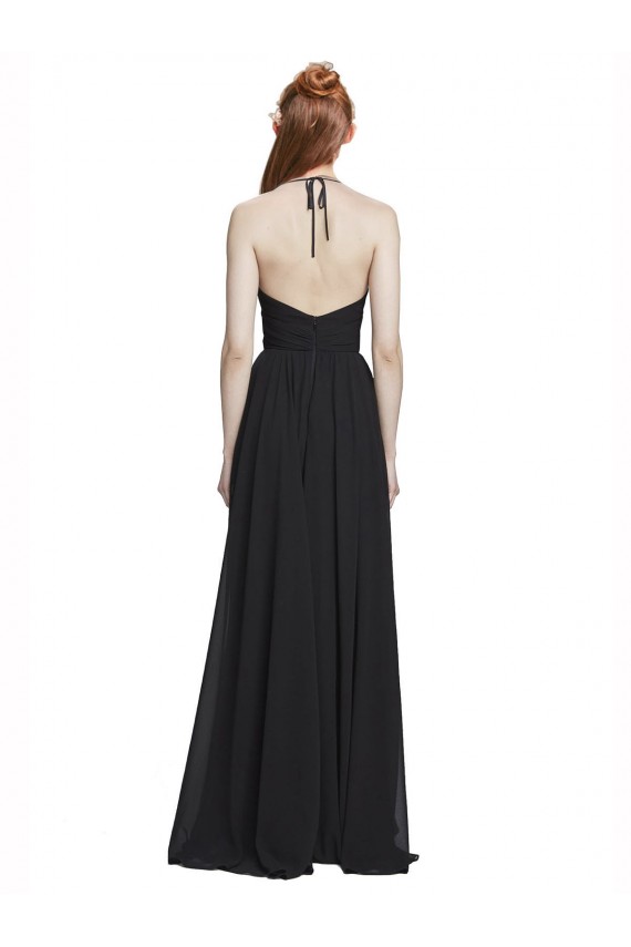 Azul marina oscuro línea A Halter Cuello en V Gasa Largo Vestidos de dama de honor Outlet