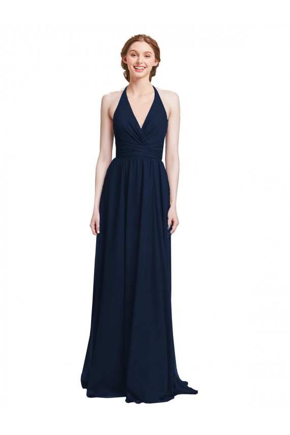 Azul marina oscuro línea A Halter Cuello en V Gasa Largo Vestidos de dama de honor Outlet