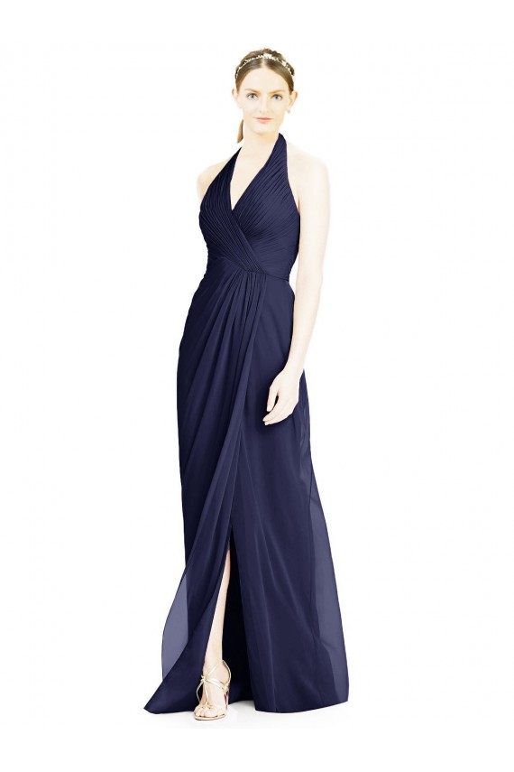 Azul marina oscuro línea A Halter Cuello en V Gasa Largo Vestidos de dama de honor Outlet