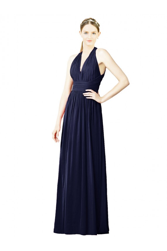 Azul marina oscuro línea A Halter Cuello en V Gasa Largo Vestidos de dama de honor Outlet