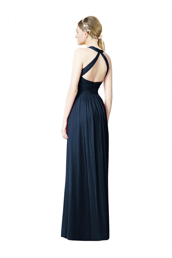 Azul marina oscuro línea A Halter Cuello en V Gasa Largo Vestidos de dama de honor Outlet