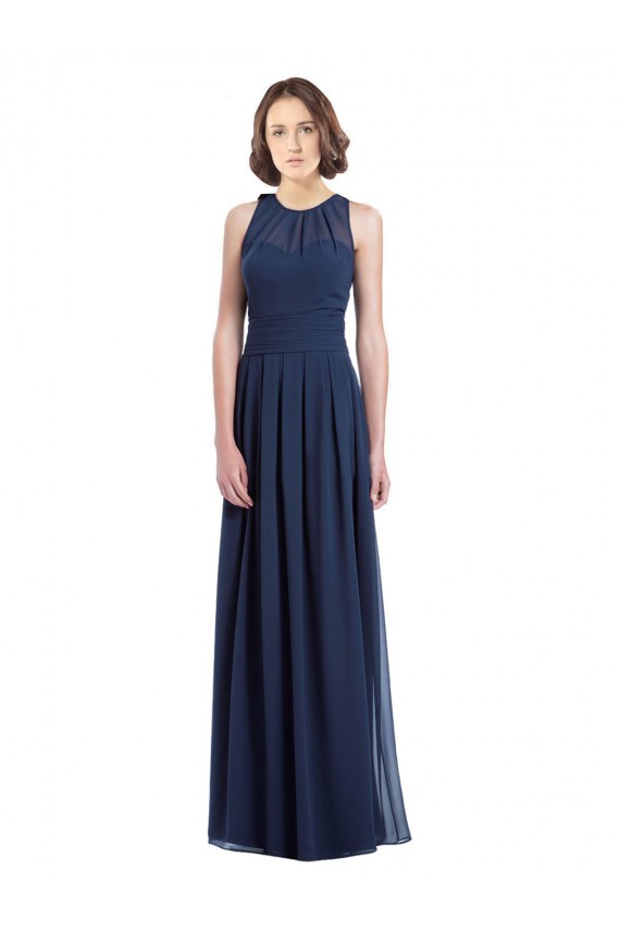 Azul marina oscuro línea A Halter Gasa Largo Vestidos de dama de honor Outlet