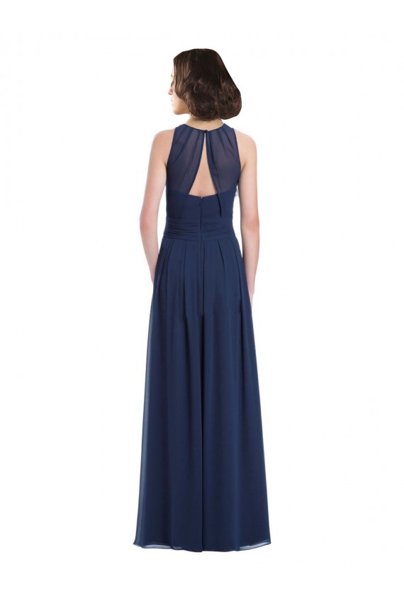Azul marina oscuro línea A Halter Gasa Largo Vestidos de dama de honor Outlet