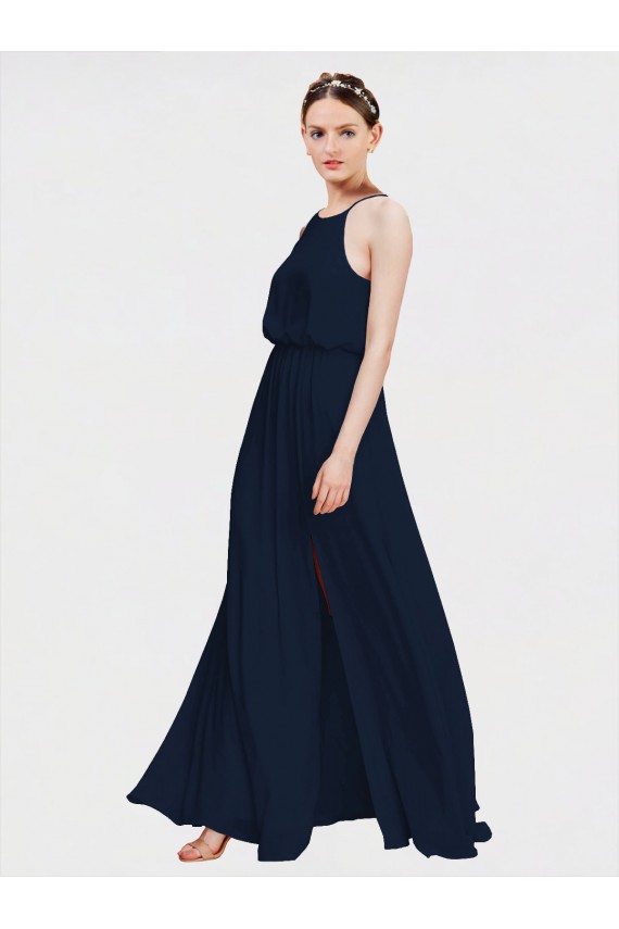 Azul marina oscuro línea A Halter Gasa Largo Vestidos de dama de honor Outlet