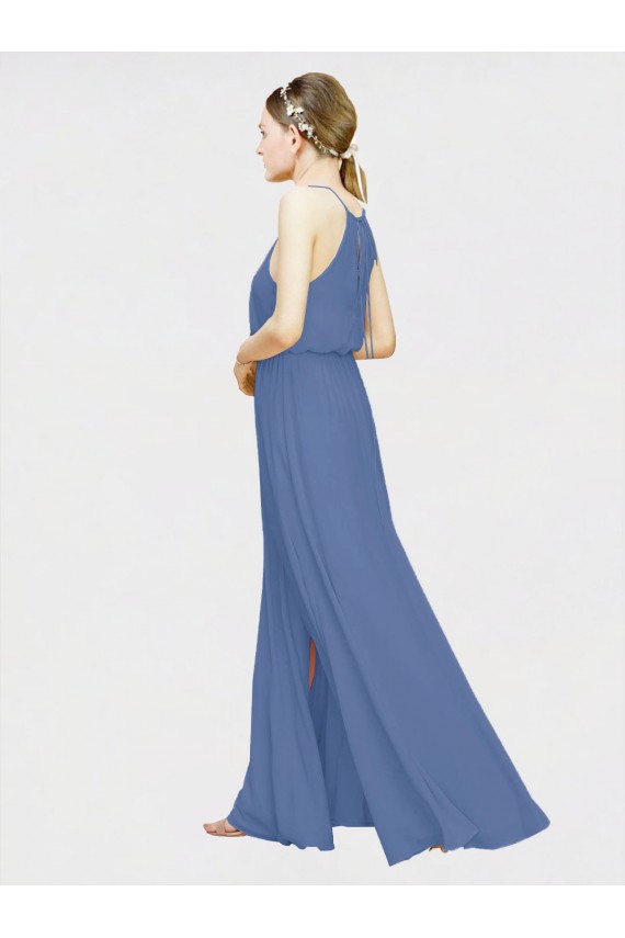Azul marina oscuro línea A Halter Gasa Largo Vestidos de dama de honor Outlet