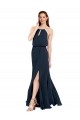 Azul marina oscuro línea A Halter Gasa Largo Vestidos de dama de honor Outlet