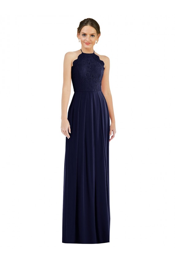 Azul marina oscuro línea A Halter Gasa Largo Vestidos de dama de honor Outlet