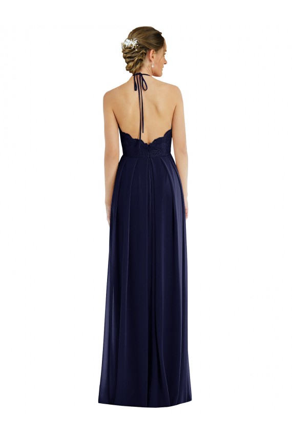 Azul marina oscuro línea A Halter Gasa Largo Vestidos de dama de honor Outlet