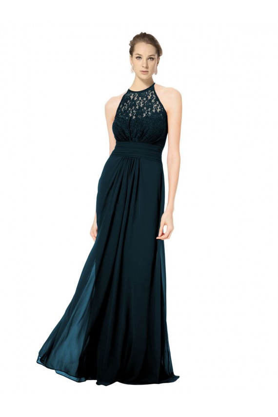 Azul marina oscuro línea A Halter Ilusión Gasa Encaje Largo Vestidos de dama de honor Outlet