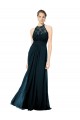Azul marina oscuro línea A Halter Ilusión Gasa Encaje Largo Vestidos de dama de honor Outlet