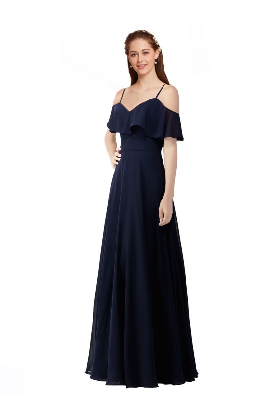 Azul marina oscuro línea A Hombros Descubiertos Cuello en V Gasa Largo Vestidos de dama de honor Outlet
