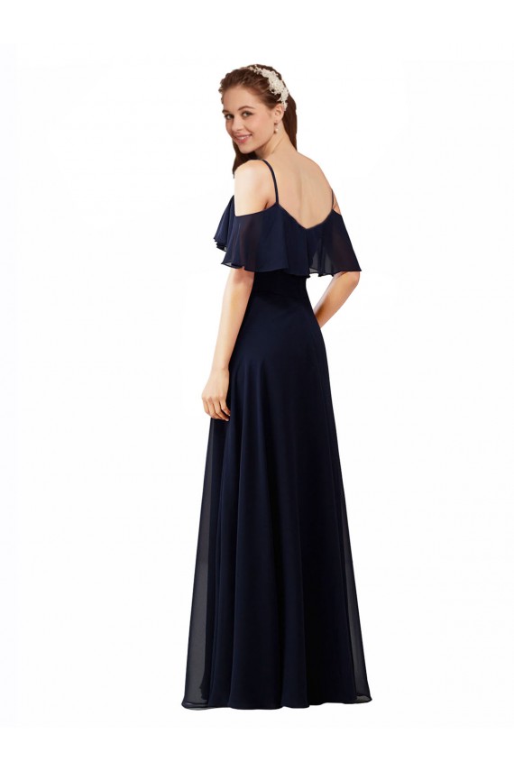 Azul marina oscuro línea A Hombros Descubiertos Cuello en V Gasa Largo Vestidos de dama de honor Outlet