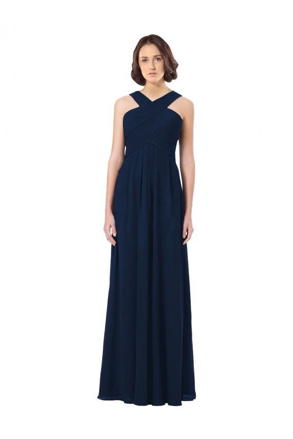 Azul marina oscuro línea A Hombros Descubiertos Gasa Largo Vestidos de dama de honor Outlet