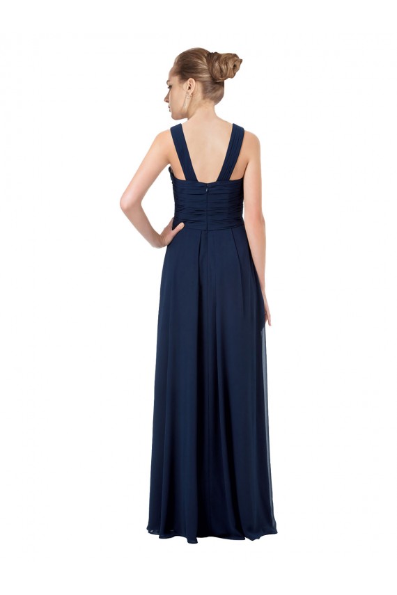 Azul marina oscuro línea A Hombros Descubiertos Gasa Largo Vestidos de dama de honor Outlet