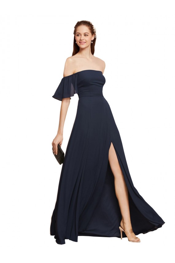 Azul marina oscuro línea A Hombros Descubiertos Gasa Largo Vestidos de dama de honor / Vestidos de fiesta Outlet