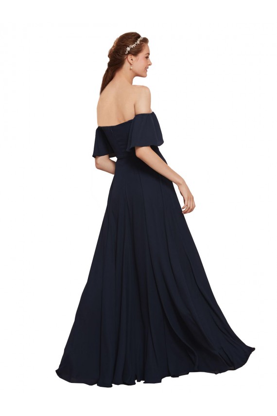 Azul marina oscuro línea A Hombros Descubiertos Gasa Largo Vestidos de dama de honor / Vestidos de fiesta Outlet