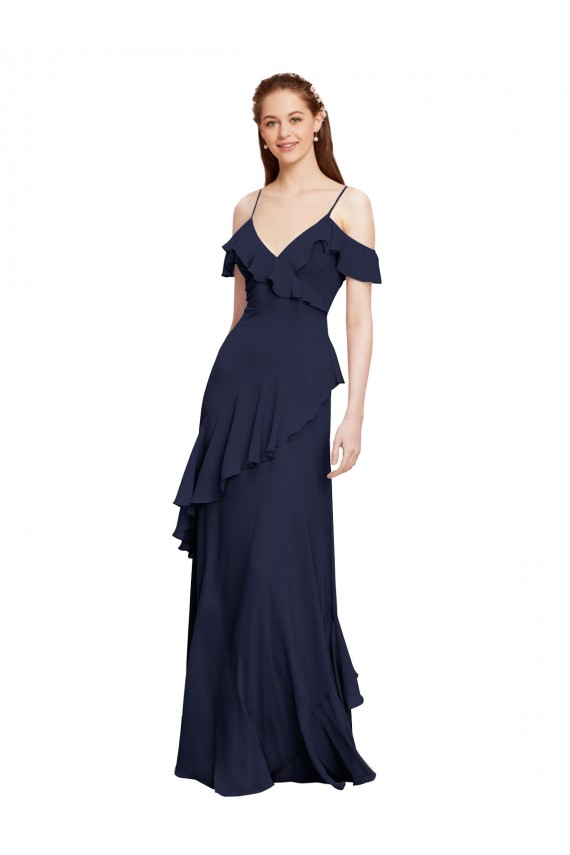 Azul marina oscuro línea A Hombros Descubiertos Tirantes espagueti Gasa Largo Vestidos de dama de honor Outlet