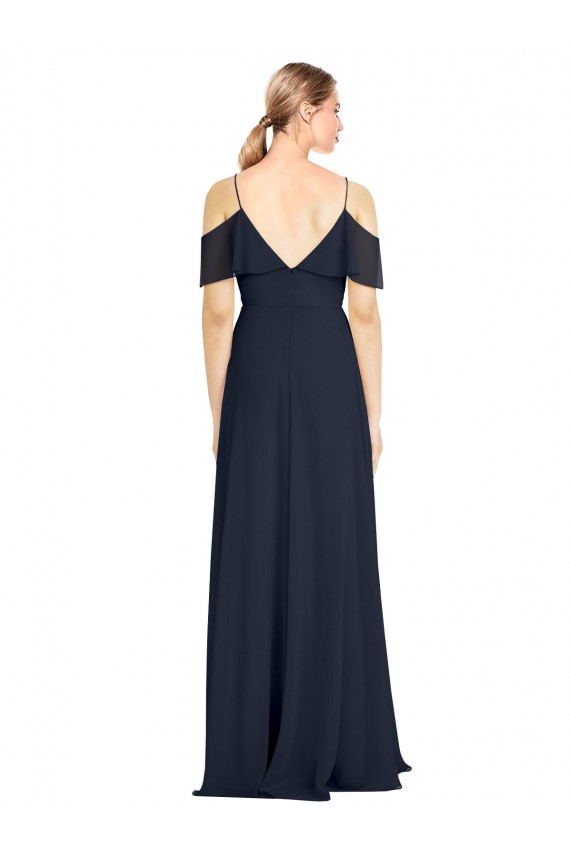 Azul marina oscuro línea A Hombros Descubiertos Tirantes espagueti Gasa Largo Vestidos de dama de honor Outlet