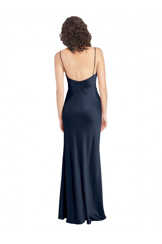 Azul marina oscuro línea A Satén elástico Largo Formales Vestidos de dama de honor / Vestidos de fiesta Outlet