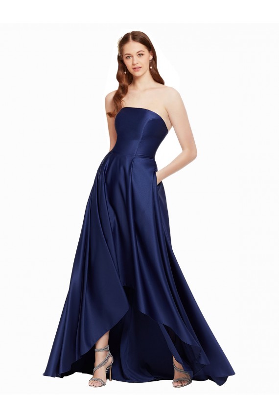 Azul marina oscuro línea A Sin tirantes Satén Largo Asimétrico Formales Vestidos de dama de honor / Vestidos de fiesta Outlet