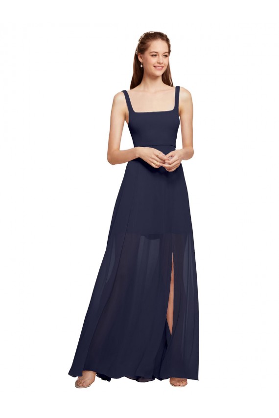Azul marina oscuro línea A Tirantes espagueti Cuadrado Gasa Largo Vestidos de dama de honor Outlet